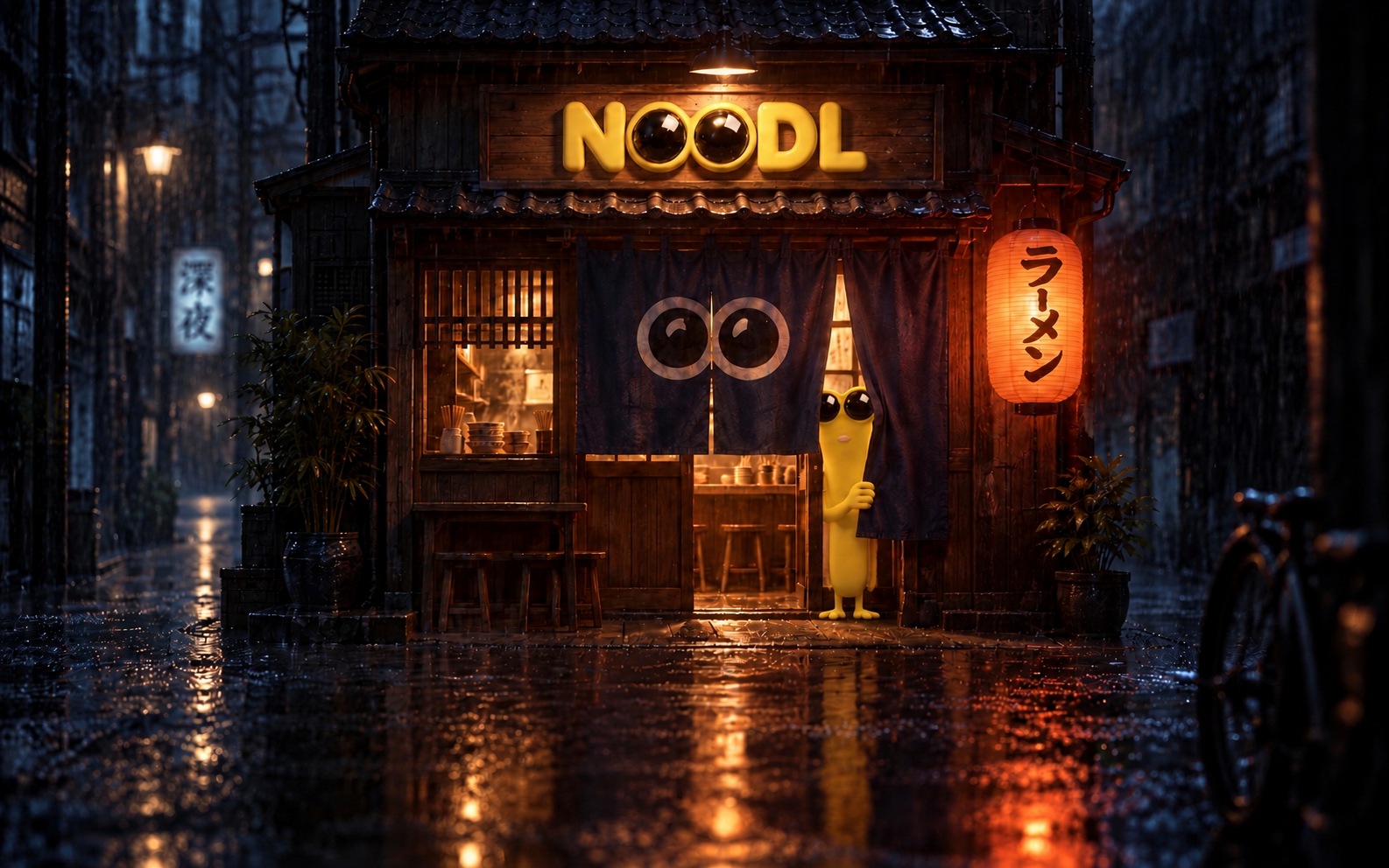 A tiny noodle shop in a rainy midnight alley